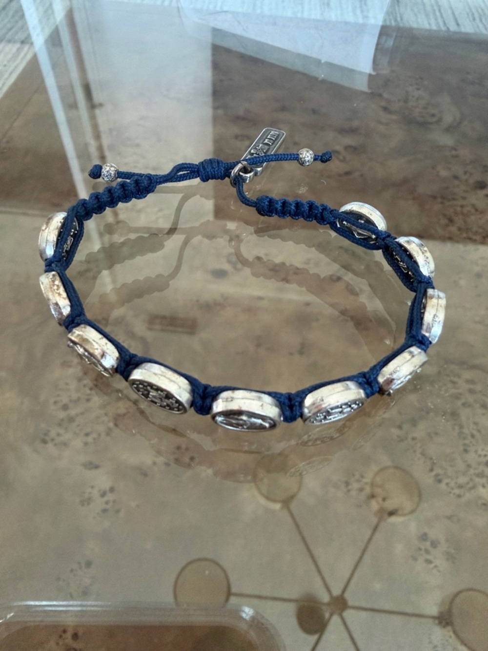 Navy Blue Beaded Cord Bracelet with Silver Toned Discs